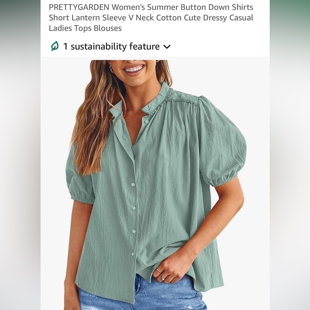 Button Down Shirt Short Lantern Sleeve V Neck Cotton Dressy Casual Ladies Top